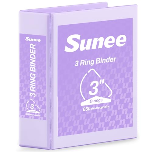 SUNEE 3 Ring Binder 3 Inch D Ring, Clear View Binder Three Ring PVC-Free (Fit 8.5x11 Inches) for School or Office Supplies, Light Purple, 1 Pack