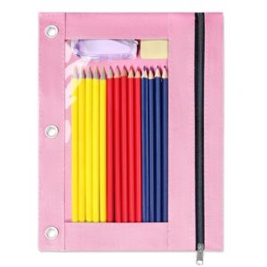 SUNEE Pencil Pouch for 3 Ring Binder, Zipper Pencil Pouch with Clear Window, 3 Reinforced Grommets, Binder Accessories for School and Office Supplies Storage, Pink
