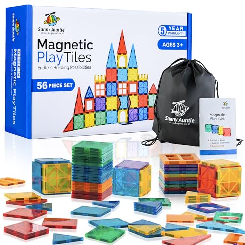 SUNNY AUNTIE Magnetic Tiles 56 PCS Building Set – Magnetic Building Tiles STEM Toy for Kids & Toddlers Ages 3-8, Magnet Construction Set for Boys & Girls