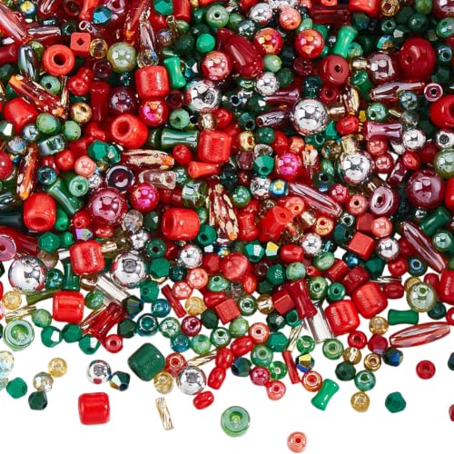 SUNNYCLUE 1 Box 454 to 714pcs Christmas Seed Beads Assorted Seed Beads Colorful Red Green Gold Round Column Crystal Small Pony Loose Spacers for Jewelry Making Women Holiday Festival Party Supplies