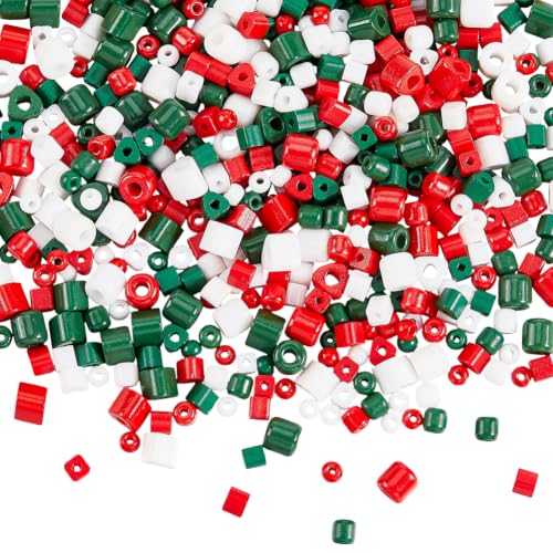 SUNNYCLUE 1 Box 454 to 714pcs Christmas Seed Beads Holiday Seed Beads Red Green White Assorted Mixed Pony Round Barrel Glass Loose Spacers for Jewelry Making Women Adult Festival DIY Supplies Gifts