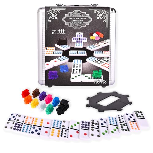 Sunny Days Entertainment Elbow Room Games Mexican Train Dominoes Set – Double 12 Color Dot Dominos Game with Tin Case & Hub for Family Fun