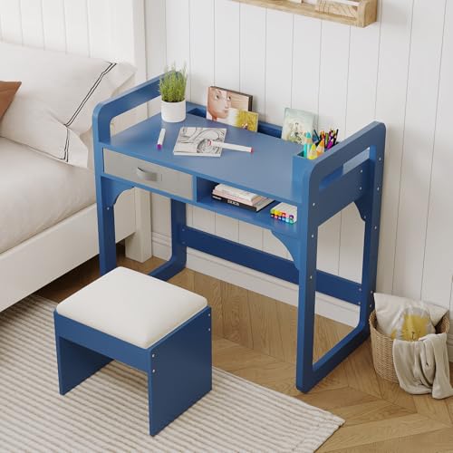 SunnyFurn Adjustable Kids Desk and Chair Set, Wooden Study Table for Boys & Girls - Storage Drawer, Bookshelf, Pen Holder, Padded Stool - Bedroom or Playroom - Blue - Color: Blue