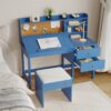SunnyFurn Ergonomic Kids Desk and Chair Set for Ages 3-8 - Adjustable Height Study Table with Tilting Desktop - 2 Drawers, 3-Tier Shelves, Cork Board & Pen Holders - Blue