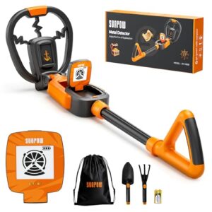 SUNPOW Kids Metal Detector with Treasure Animation & Waterproof Coil - Adjustable Stem (23.6”-27.6”) - Kit Includes Shovel, Rake, Bag - Ideal Gift for Boys & Girls 6-12 for Beach, Park, Backyard -MD20