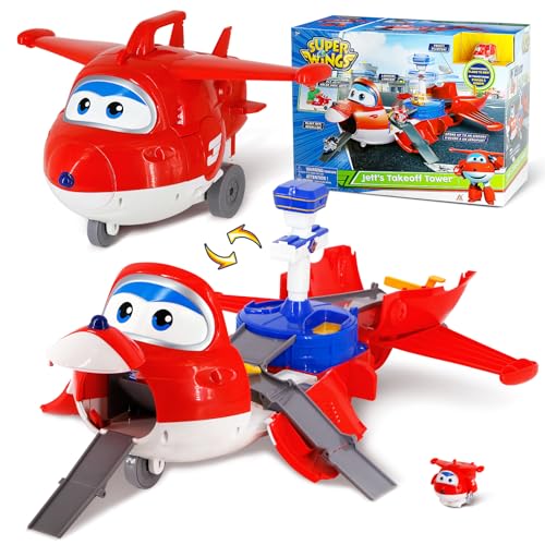 Super Wings Jett's Takeoff Tower 2-in-1 Airplane Toys Playset with 2" Jett Mini Figure Transform-a-Robots, Toys for Preschool Kids, Gifts for Boys and Girls Age 3+, Educational Learning Toy