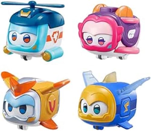 Super Wings Super Pets 4-Pack Collection Jerome, Golden Boy, Shine, Ellie, Vehicle Action Figure with Light Effect and Mutiple Emotion Expressions, Gifts for Kids Age 3+