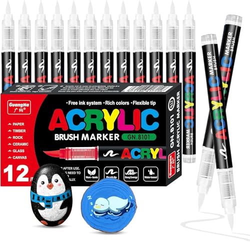 Surcotto 12 PCS White Acrylic Paint Markers,Water-Based Acrylic,Soft Brush Tip Acrylic Paint Pens for Arts & Crafts,Kids Activity,School Classroom;Works on Paper, Metal,Wood,Ceramic,Glass,Rock,Canvas