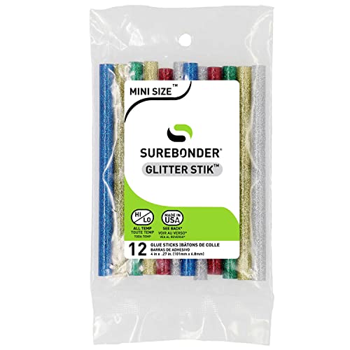 Surebonder Mini Size 4" All-Purpose Glitter Hot Glue Sticks Variety Pack - 2X Blue, Green & Red - 3X Gold & Silver - 12 Glue Sticks