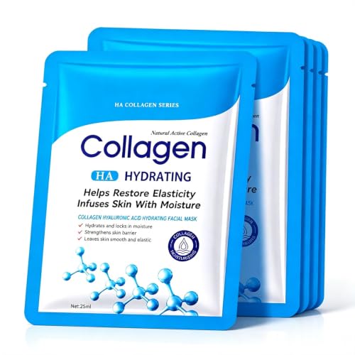 SURORAIN Collagen Face Mask 5 Packs, Collagen Sheet Mask with Hyaluronic Acid, Deeply Moisturizes & Nourishes Skin, Boosts Skin Firmness & Elasticity, Firming Anti-Aging Care for All Skin Types