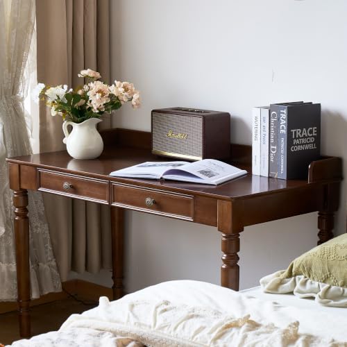 SUSVQLXG Walnut Writing Desk with Drawers,44" X22" Solid Wood Desk for Small Spaces, Home Office Desks for Work, Gaming Study PC Desk for Bedroom, Student Computer Desks (44inch)