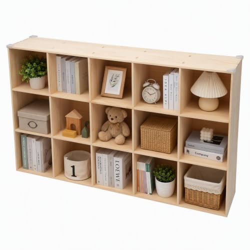 SVJGHQMLR 15-Cube Storage Shelf Bookcase Solid Wooden Open Bookshelf with Full Back Panels Sturdy Construction Easy Assembly Display Books Plants Photos Decorative Organizer for Home Office Natural