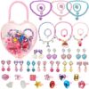 Swakuta 40 Pcs Girls Jewelry Toys Princess Necklace Bracelet Ring Earrings with Handbag for Little Girls Toddler Kids Mermaid Rainbow Birthday Gift Party Favors Costume Dress Up Pretend Toys Sets
