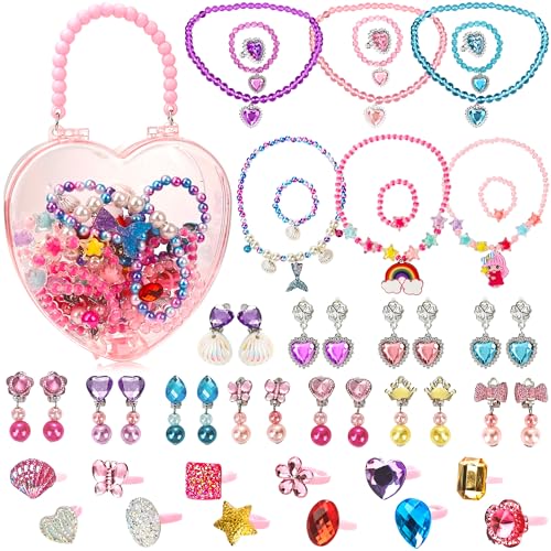 Swakuta 40 Pcs Girls Jewelry Toys Princess Necklace Bracelet Ring Earrings with Handbag for Little Girls Toddler Kids Mermaid Rainbow Birthday Gift Party Favors Costume Dress Up Pretend Toys Sets