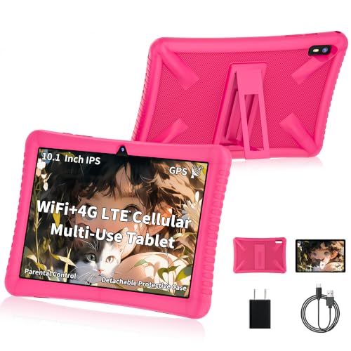 Tablet 10-Inch Android 15, 4G LTE Unlocked with SIM Card Slot, MediaTek G80 Octa-Core, 12GB(4+8GB) RAM, 64GB ROM(2TB TF), 5G Dual-Band WiFi, 6000mAh Battery, GPS, Premium Case & Parental Control,PINK