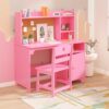 Takywep Kids Desk and Chair Set with Cork Board and Storage Cabinet, Pink