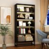 Tall Bookcase with LED Lights, 5 Tier Bookshelf with Storage, Heavy Duty Wood Bookshelf with Adjustable Lighting, Freestanding Display Cabinet for Living Room, Bedroom, Home Office, Study Room (Black)