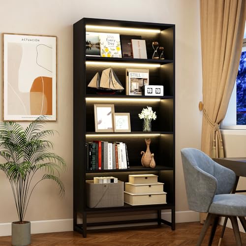 Tall Bookcase with LED Lights, 5 Tier Bookshelf with Storage, Heavy Duty Wood Bookshelf with Adjustable Lighting, Freestanding Display Cabinet for Living Room, Bedroom, Home Office, Study Room (Black)