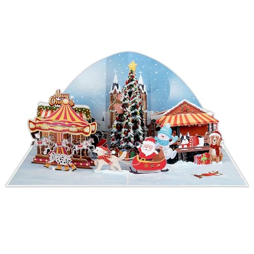 TaNoTool Christmas Town 3D Pop-Up Greeting Card – Handmade Paper Holiday Card with Santa, Tree & Carousel Scene, 6x8 Inches Pop Up Christmas Card for Kids, Family, Grandpa, Mom, Couples & All Ages