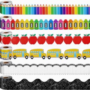 TaoBary 6 Rolls 196.8 ft Back to School Bulletin Board Borders First Day of School Classroom Borders for Bulletin Board Colorful Crayon Pencil Apple Bus Classroom Chalkboard Decoration