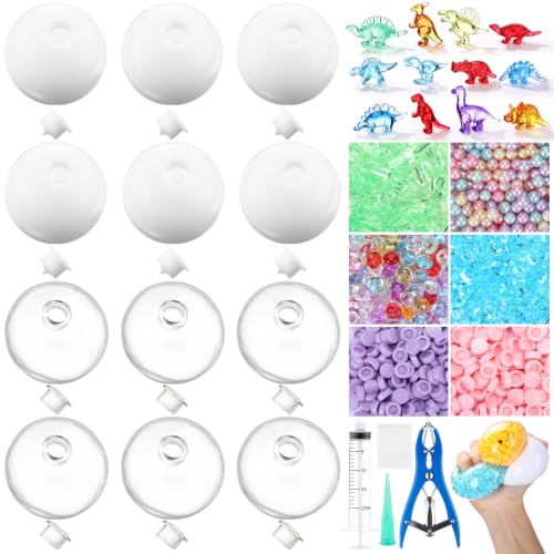 Tasdurian 12 Set DIY Stress Ball Making Kit Milky Blank Stress Ball DIY Kit with 12 Skin Empty Squeeze Balls Fill Bead Expander Tool Device for Make Pressure Balls(Colorful,Dinosaur)