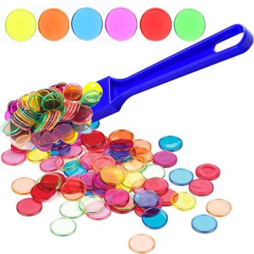 TCOINERY Bingo Chips Set-Magnetic Wand & 100 Counting Chips-6 Colors Transparent Plastic Markers for Family School Learning Game Zoom Bingo and Pokeno Nights