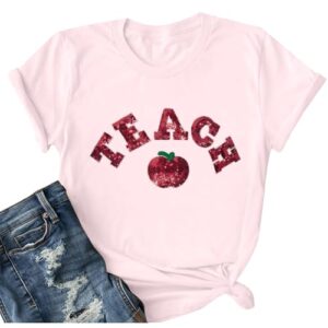 Teacher Shirt for Women Sequin Apple T Shirt Back to School Top Pink