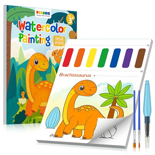 TECJOE Paint with Water Coloring Books for Toddlers, Dinosaur Series Watercolor Set with 3 Brushes, Mess Free Painting Activity for Kids Ages 4 5 6 7 8, Christmas Gifts Arts & Crafts Toy