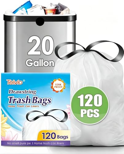 Teivio 20 Gallon 120 Counts (fit 18-20 Gal) Large Drawstring Trash Bags Strong Tall Kitchen Compactor Bags Garbage Bags for Home/Office/Light Residential Waste/Outdoor Trash Can, Lawn,Trash Bags White