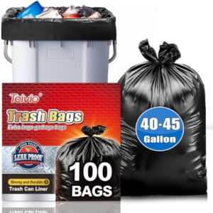 Teivio Large Black Trash Bags 40-45 Gallon 100 Count 40+ Gal Garbage Bags