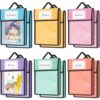 Teling 12 Pack 14 x 11 Inch Clear Book Pouches with Handles and Name Tags, Heavy Duty Reusable Library Book Bags for Classroom, Students Kids and Teacher Supplies (Pastel Color)