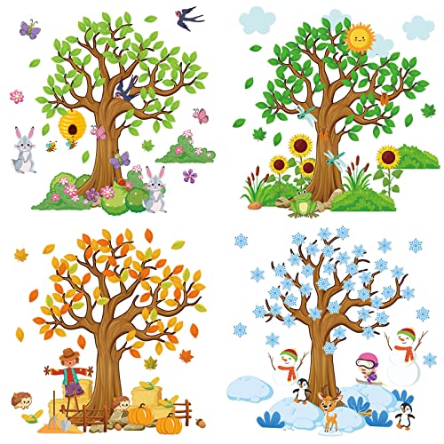 Teling 239 Pcs Season Tree Classroom Bulletin Board Decor Spring Summer Autumn Winter Cutouts Border Set Four Seasons Bulletin Board Decorations with 200 Dots for Elementary School Home Chalkboard