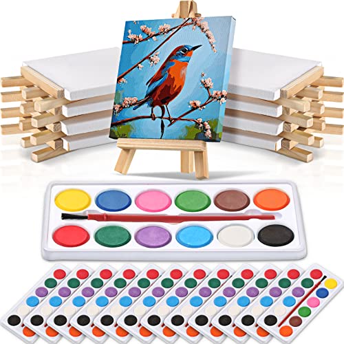 Teling 24 Set Mini Canvas and Easel Set 12 Colors Acrylic Paint & Brushes in Bulk Kids Art Party Favors 4 x 4 Inch Art Canvases Painting Kit for Kids Classroom Gifts
