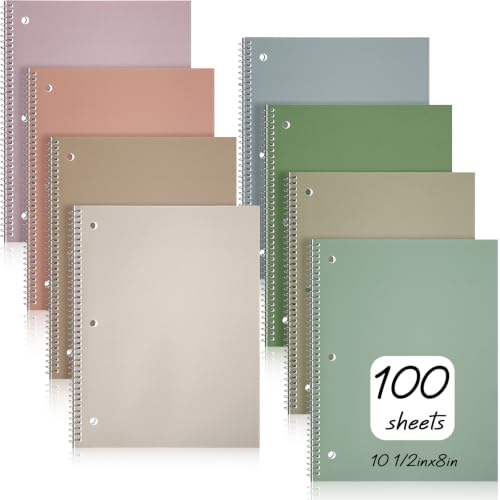 Teling 8 Pcs 1 Subject Spiral Notebook for Work College Ruled 8 x 10 1/2 Inch Spiral Journal Notebook 3 Hole Punched Paper Easy Tear Line 100 Sheets Office Study Supplies (Morandi Color)