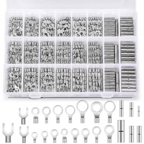 Tellegloww 1200pcs Non Insulated Ring Terminal Kit Butt Fork Connectors Kit, AWG 22-10 Copper Connector Seamless Uninsulated Butt Splice Wire Terminals Assortment Electrical Wire Crimp Connectors