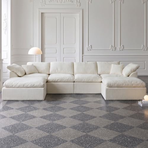 Tenglyptical 139" U Shaped Cloud Couch for Living Room, Oversized Modular Sectional Sofa with Double Chaise, Deep Seat Chenille Convertible Couch, No Assembly Required(Lvory White)