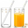 Tessco for you 2 Pack Daisy Glass Cups with Straw, Cute Daisy Flower Drinking Tumblers, Clear Glass Coffee Cups for Iced Coffee, Juice, Milk, Tea and Water, Aesthetic Gift for Women
