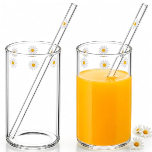 Tessco for you 2 Pack Daisy Glass Cups with Straw, Cute Daisy Flower Drinking Tumblers, Clear Glass Coffee Cups for Iced Coffee, Juice, Milk, Tea and Water, Aesthetic Gift for Women