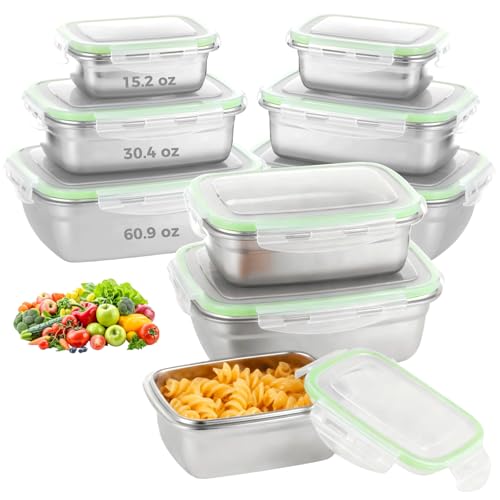 Texvora 9 Pcs Stainless Steel Food Storage Containers with Airtight Lids, Leakproof Bento Lunch Boxes, Stackable and Nestable Meal Prep Food Containers, Oven, Dishwasher, Freezer Safe for Kitchen