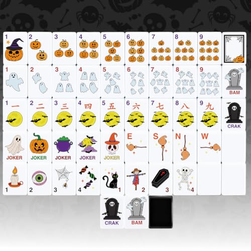 Teyva Daily 160 Pcs Halloween American Mahjong Set 1.2 Inch Pumpkin Cat Witch Ghost Mini Mahjong Tiles Set Melamine Carved Pattern for Adult Halloween Mah Jong Lovers Social Games(Black,Simple)