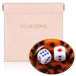 Teyva Daily Mahjong Accessories Set 4.7 x 4.3 Inch PU Bag Pouch Mini Dice Tortoise Shell Dice Dish Mah Jong Board Game Party Supplies Gift for Mah Jong Love