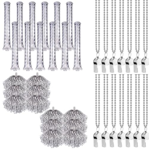 Teyva Daily Shiny Team Spirit Accessories 36 Pcs 12 Metallic Pom Poms 12 Inflatable Noise Sticks with Straws 12 Whistles Bulk Noisemaker Set for Sports Events Pep Rally Fans Party Favors