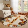 Thanksgiving 5 Ft Round Area Rugs for Bedroom, Washable Dining Room Rugs Carpet with Rug Tape, Retro Fall Turkey Flower Pumpkin Fruit Maple Accent Low Pile Floor Carpet for Classroom Foyer Home Office