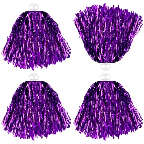 Thenshop 4 Pack Cheerleading Pom Poms Cheerleader Squad Spirited Fun Pompoms Cheer Hand Flowers Metallic Foil Pompoms for Adults Sports Meeting Team Spirit Cheering Party(Purple)