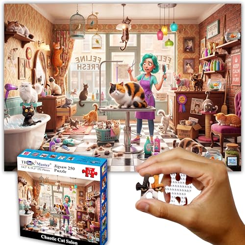 Think2Master Chaotic Cat Salon 250 pieces Large Format Jigsaw Puzzle: 13+, teens, adults & families. illustration of kitten frenzy at whimsical feline pet grooming shop. Great gift. Size 19.3” X 14.2”