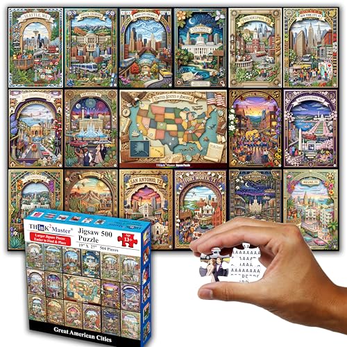 Think2Master Great American Cities 500 Pieces Large Format Jigsaw Puzzle: 13+, Teens, Adults & Families. USA Cities Collage. Beautiful Paper Cut Illustrated Cityscape. Great Gift. Size: 26.8” X 18.9”