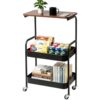 Three-Tier Metal Rolling Utility cart with Lockable Wheels and Wooden top