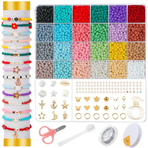 THRELE 4mm Glass Seed Beads for Jewelry Making,4500 Pcs Matte Boho Macaron Color Small Rocaille Bead with 550pcs Charms Kit, 24Color Pastel Beads for Bracelet Necklace Waist DIY Craft Supplies