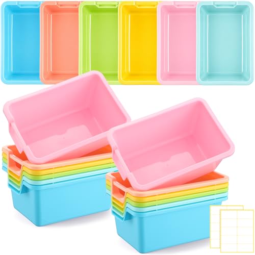 Thyle 12 Pieces Plastic Cubby Bins with Labels 11.6 x 7.7 x 5 Inch Classroom Book Bins Stacking Storage Container Organizer Storage Cubbies for Classroom Office (Handle,Light Color)