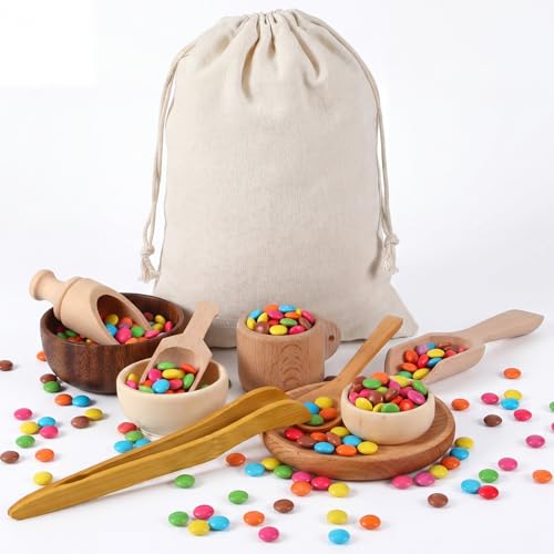 Tiangrid 11 Pcs Sensory Bin Tool Sensory Tools for Boys and Girls Fine Motor Skill Toys Wooden Spoons Bowls Plate with Other Tools for Transfer Work and Fine Motor Learning (Wood)